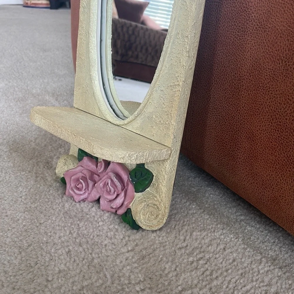 Vintage Victorian Roses Vines Cream Scroll Oval Mirror w/ Ledge Floral Antique